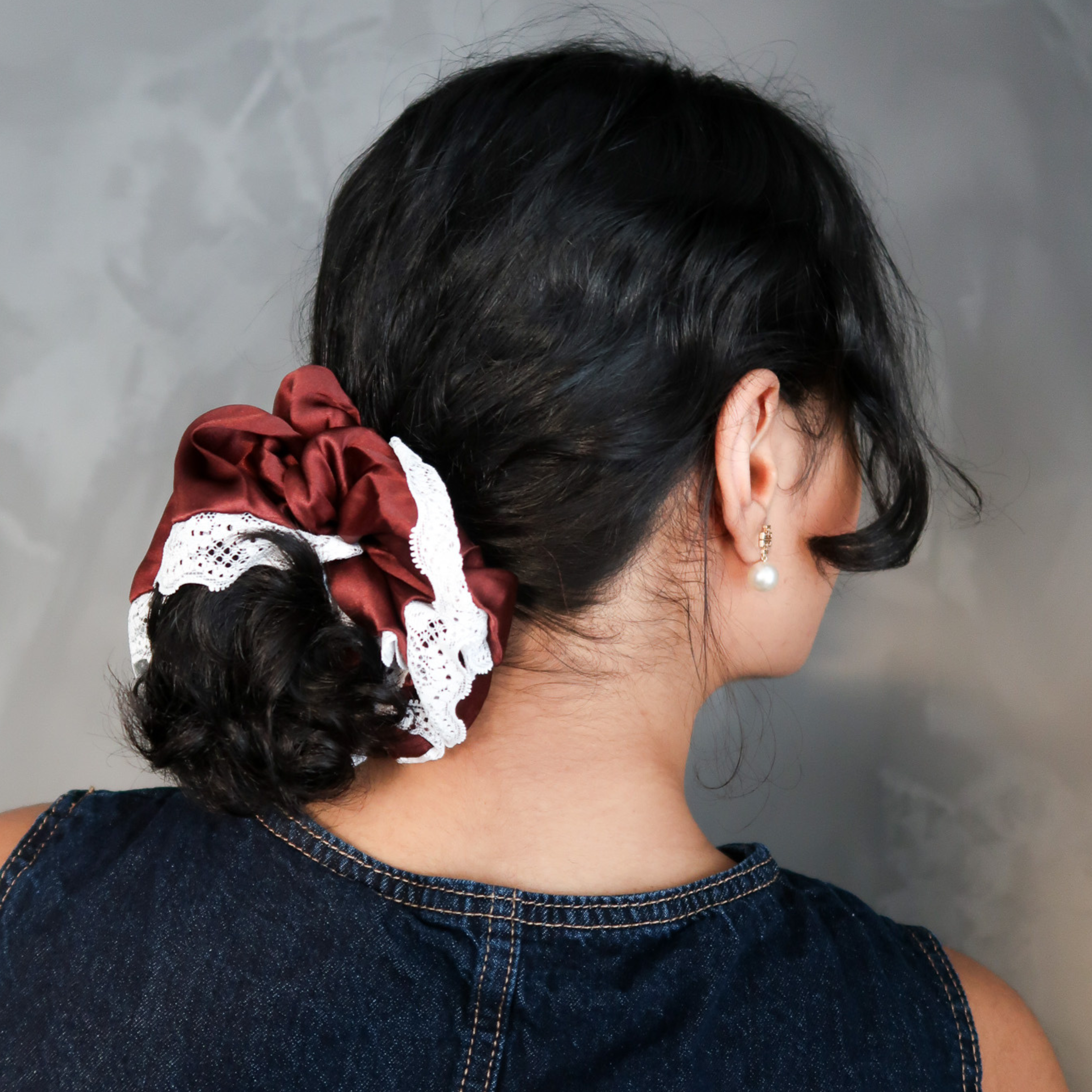 Jumbo Silk and Lace Scrunchy in Burgundy