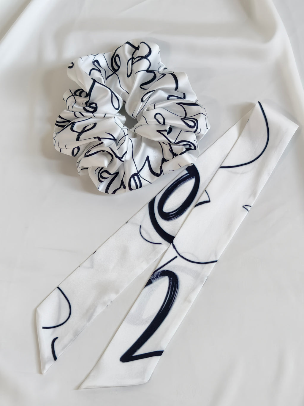 White Egret Set — Silk Scrunchie & Ponytail Scarf