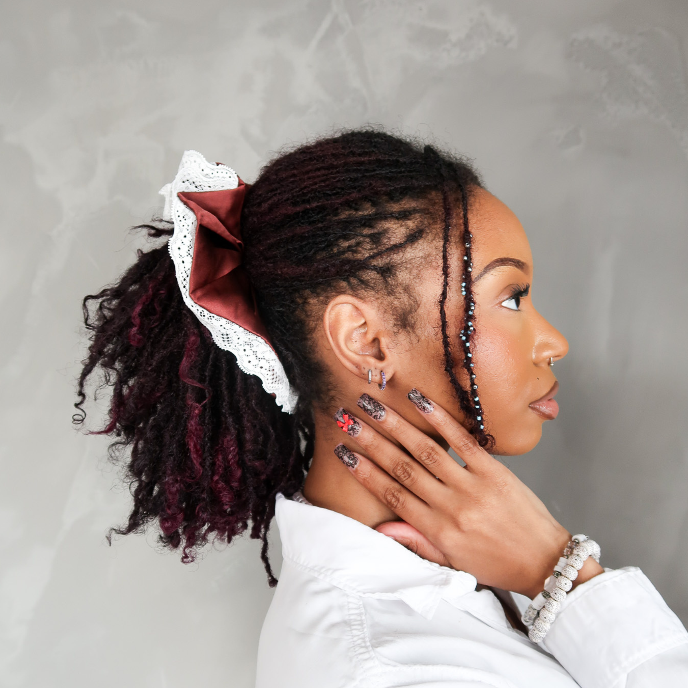 Jumbo Silk and Lace Scrunchy in Burgundy